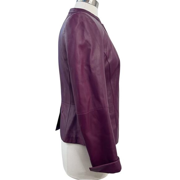 Lafayette 148 New York Burgundy Leather Jacket Women’s Size 8 Lined Zip Front - Picture 2 of 16